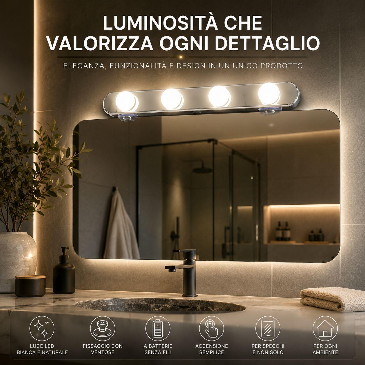  lampada led per specchio con 4 luci a batterie e fissaggio con ventose - foto 5