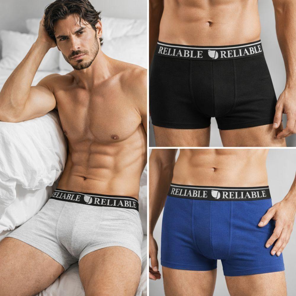 set boxer uomo multipack 6 pz comfort quotidiano - foto 3 Uomo indossa set boxer multipack in camera da letto, dettagli close-up e marchio visibile