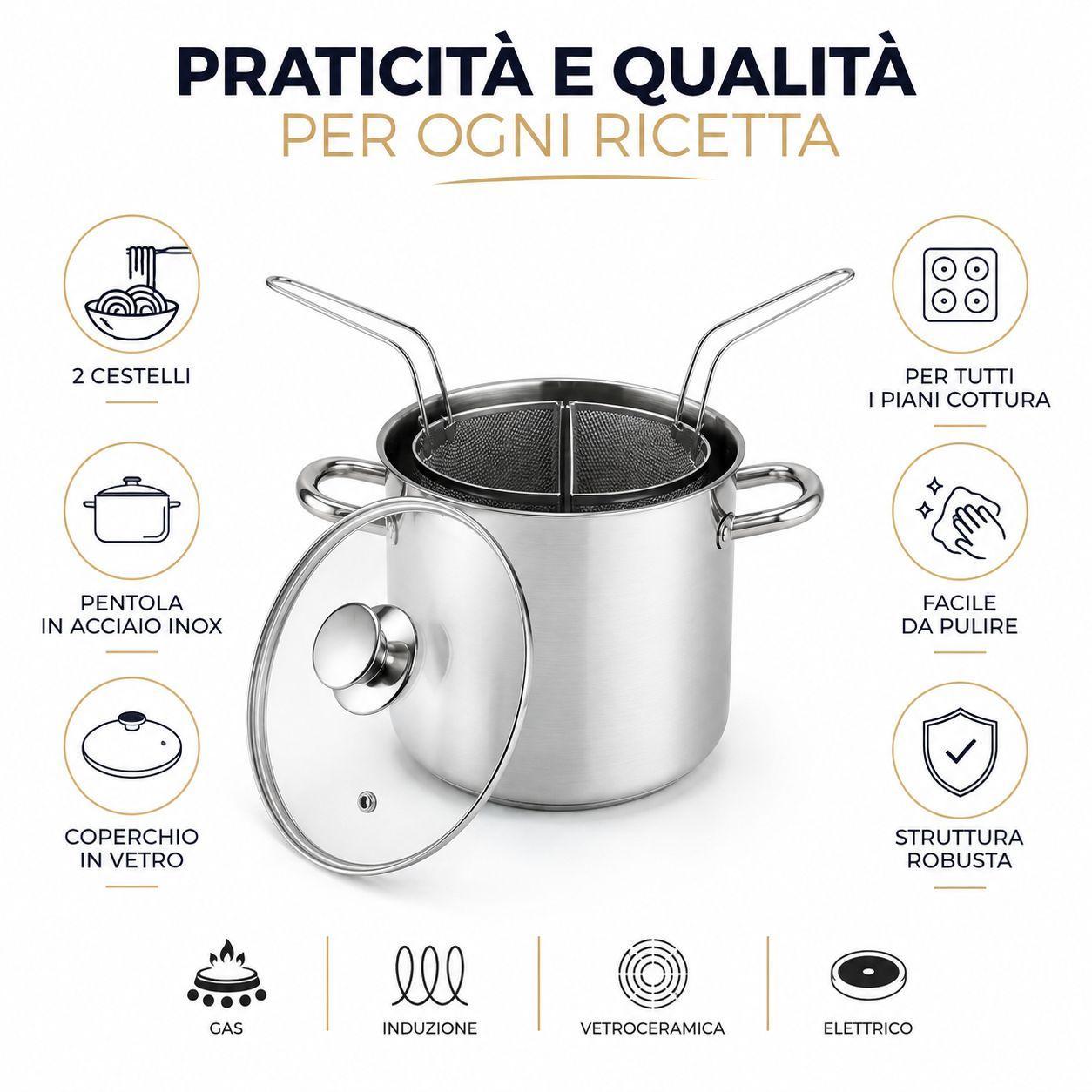 pentola in acciaio inox con 2 cestelli semicircolari e coperchio in vetro cuocipasta scolapasta 20/24/28 cm - foto 3 pentola in acciaio inox con 2 cestelli semicircolari e coperchio in vetro cuocipasta scolapasta 20/24/28 cm - foto 3