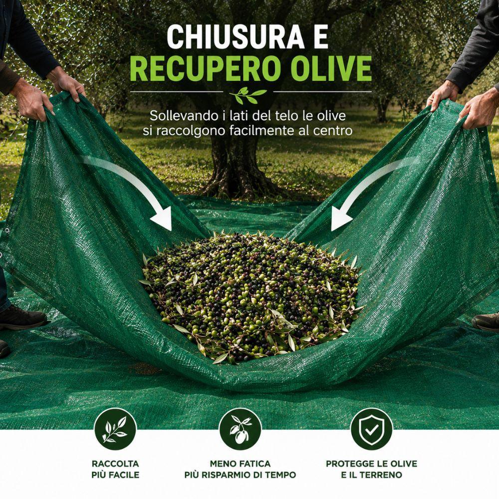 Telo per raccolta olive in rete verde, dettaglio della trama e della resistenza