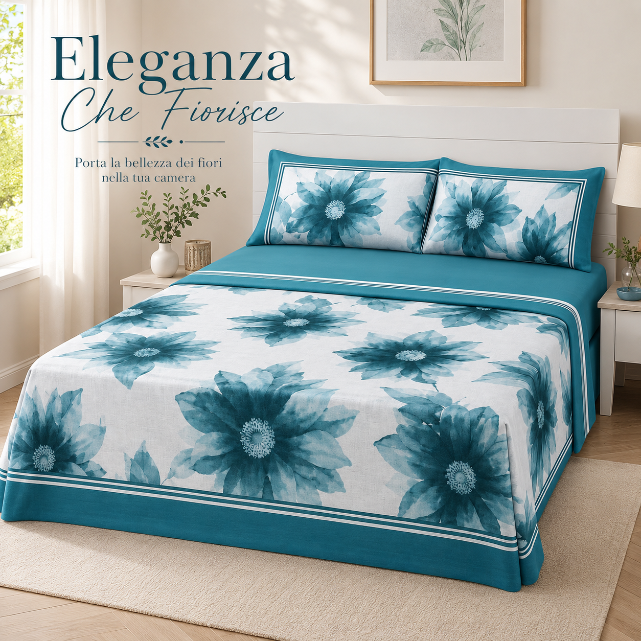 completo letto matrimoniale lenzuola con federe coordinate - foto 2 Completo letto matrimoniale con motivo floreale blu, federe coordinate e biancheria sulla camera