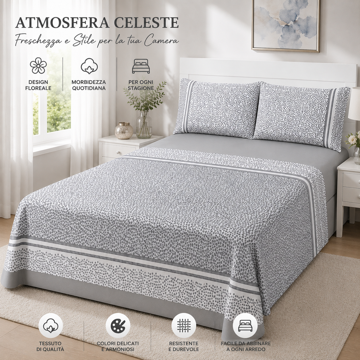 completo letto matrimoniale lenzuola con federe coordinate - foto 4 Completo letto matrimoniale grigio in camera: lenzuola e federe coordinate, dettagli costruttivi visibili