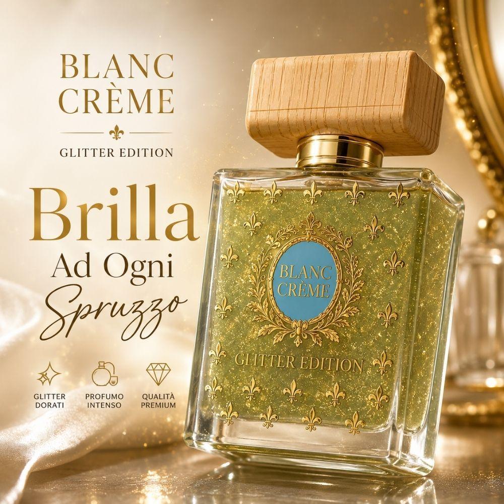 profumo blanc creme eau de parfum 100 ml, classica e glitter edition - foto 2 Donna applica il profumo con elementi decorativi dorati attorno
