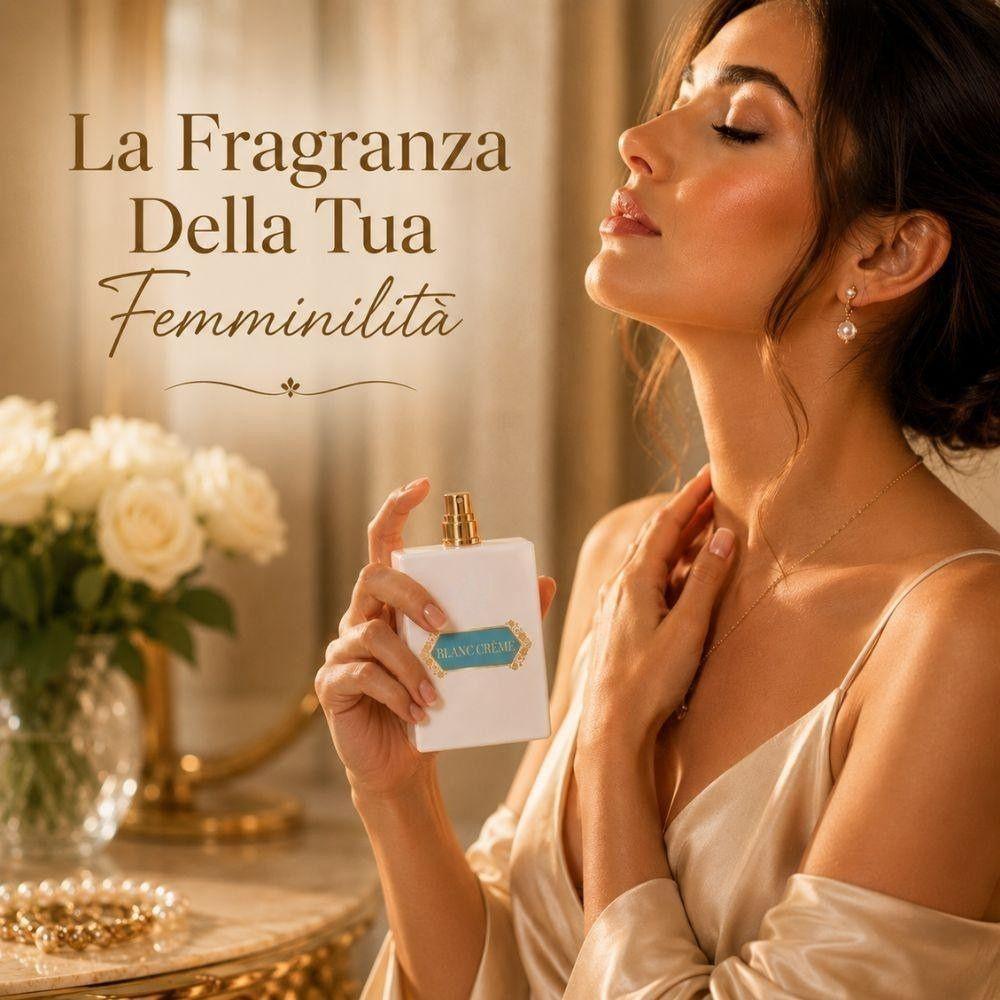 profumo blanc creme eau de parfum 100 ml, classica e glitter edition - foto 4 Donna applica profumo Blanc Crème da flacone bianco su pelle, sfondo luminoso