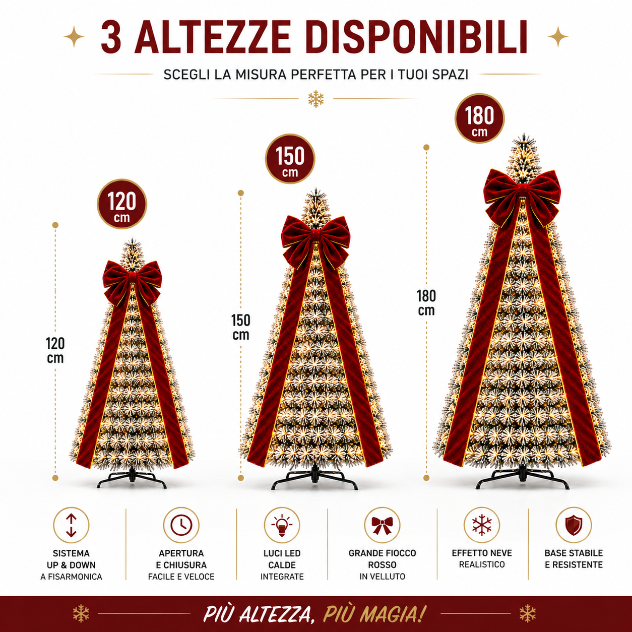 Altezze disponibili 120, 150, 180 cm con specifiche prodotto