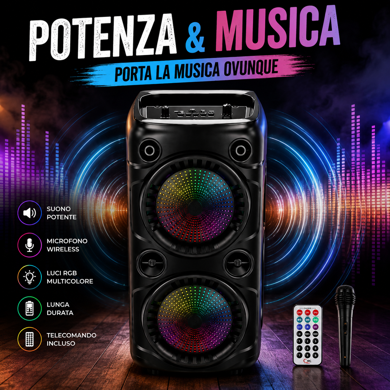 Diffusore principale sistema audio con indicatori LED e controlli