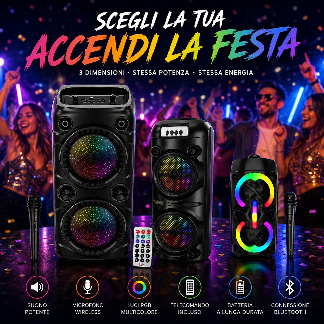 Sistema audio portatile con microfono e LED in contesto d'uso