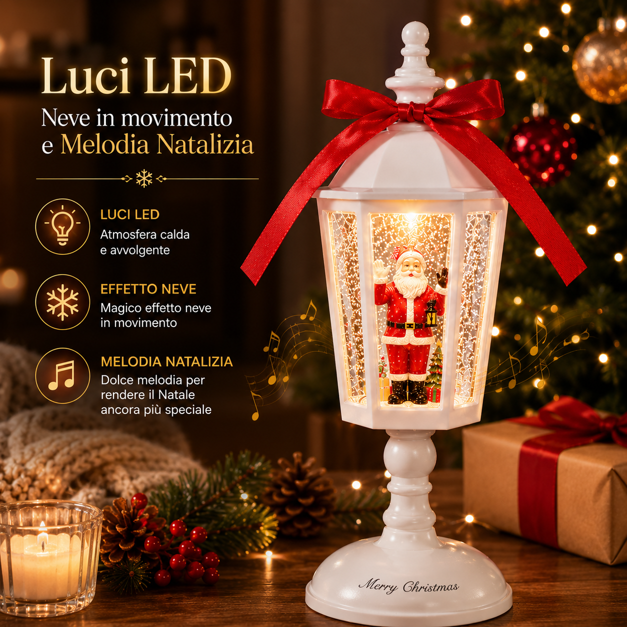  lanterna natalizia christmas santa lamp con babbo natale effetto neve luci led e musica 21 cm - foto 3