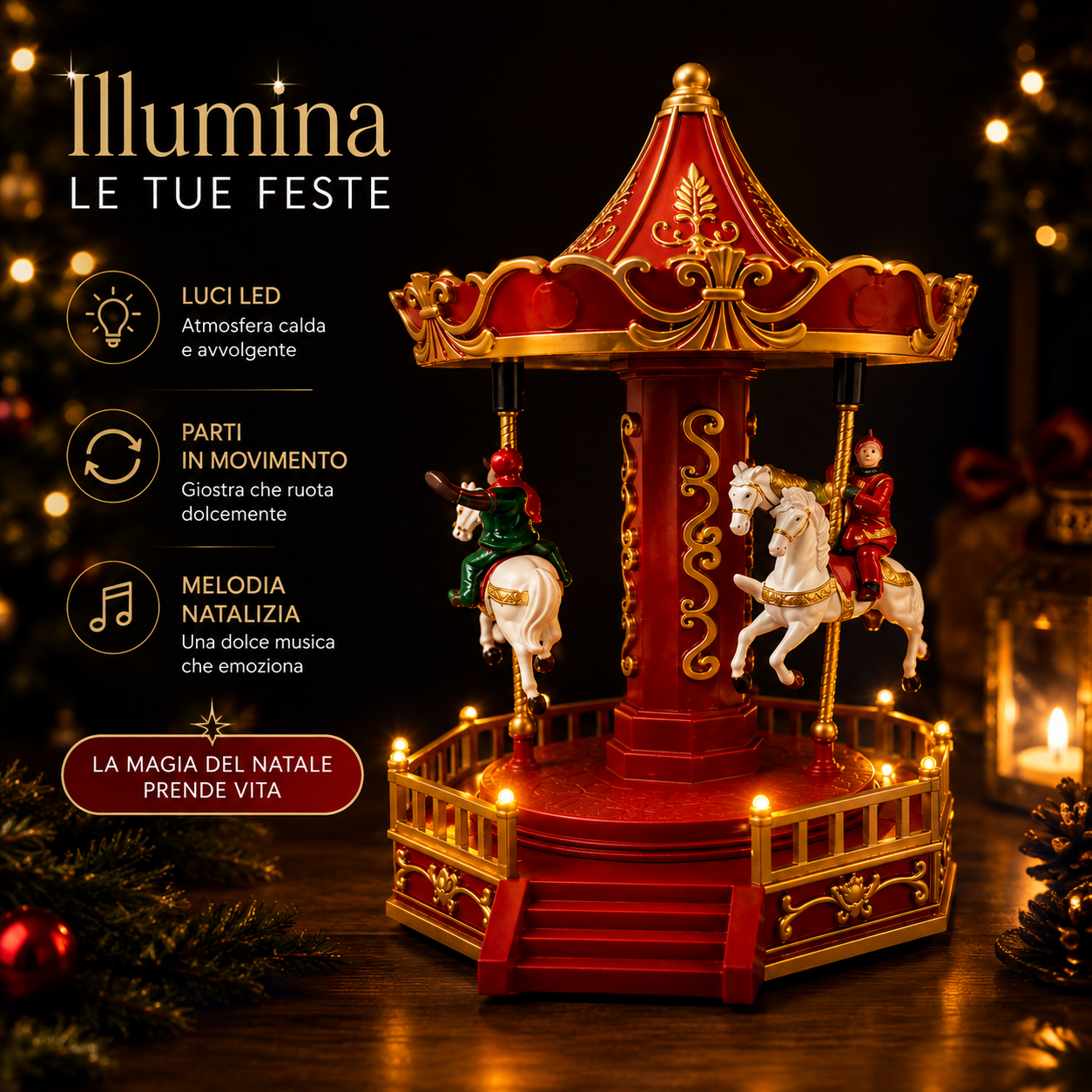 piccola giostra natalizia carosello con cavalli in movimento luci led e melodia decorazione di natale 19,5 cm - foto 2