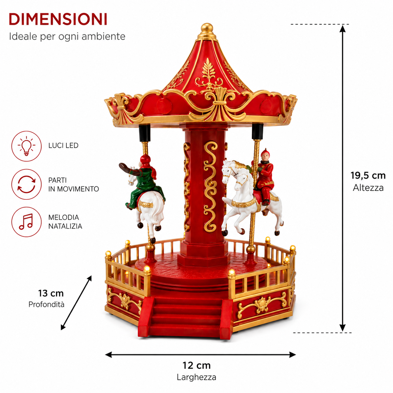  piccola giostra natalizia carosello con cavalli in movimento luci led e melodia decorazione di natale 19,5 cm - foto 3