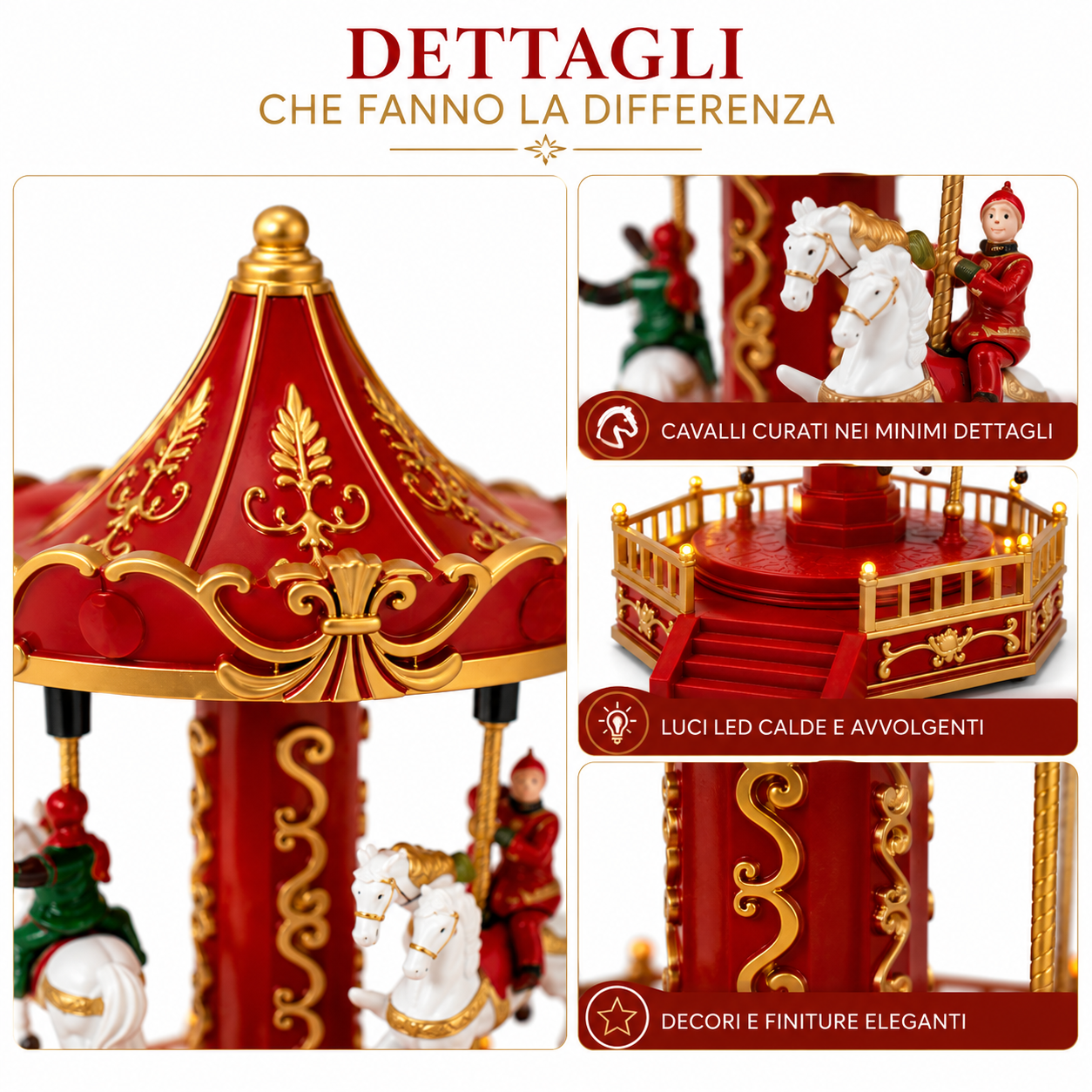 piccola giostra natalizia carosello con cavalli in movimento luci led e melodia decorazione di natale 19,5 cm - foto 4