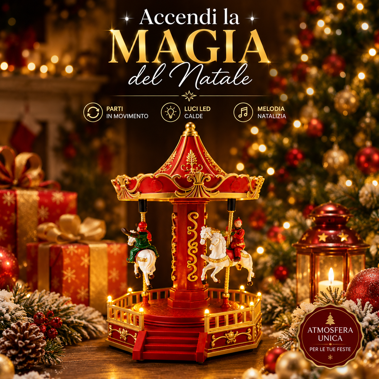  piccola giostra natalizia carosello con cavalli in movimento luci led e melodia decorazione di natale 19,5 cm - foto 5