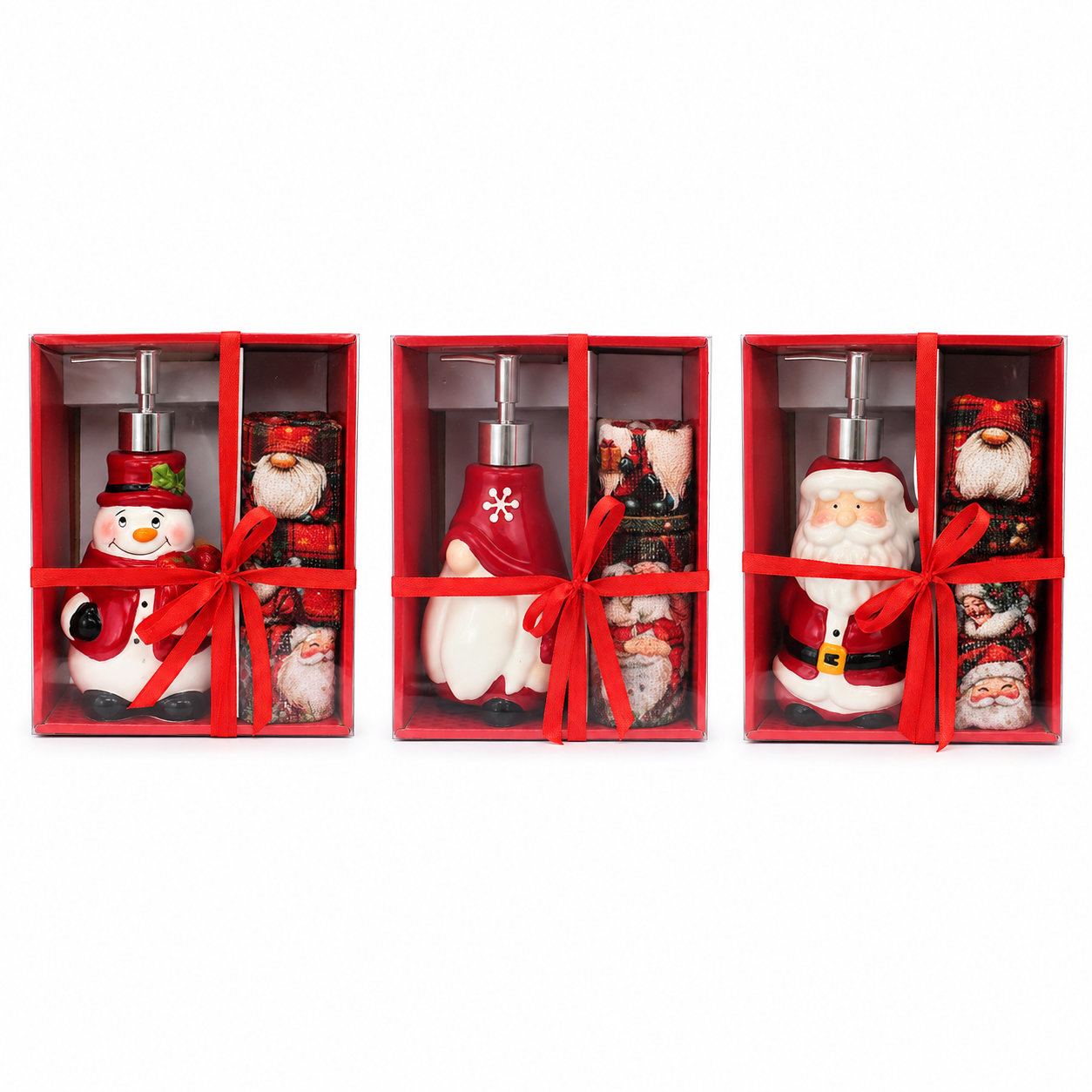  set regalo natalizio dispenser sapone con 3 asciugamani decorativi varianti babbo natale pupazzo di neve e gnomo - foto 1