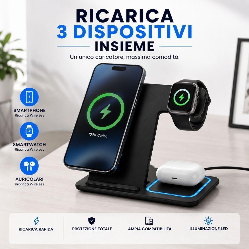 stazione di ricarica wireless 3 in 1 per smartphone smartwatch e auricolari - foto 2 stazione di ricarica wireless 3 in 1 per smartphone smartwatch e auricolari - foto 2
