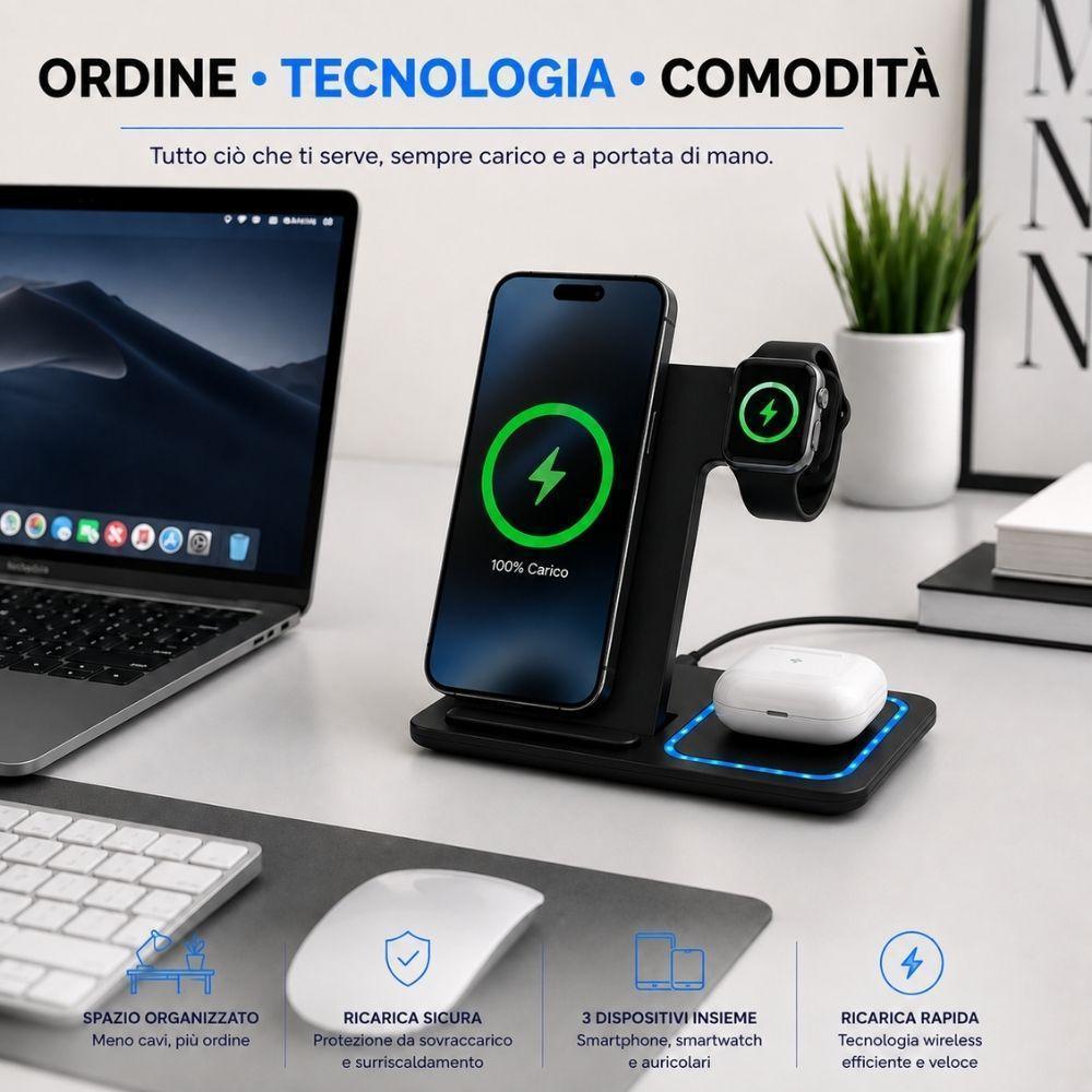 stazione di ricarica wireless 3 in 1 per smartphone smartwatch e auricolari - foto 4 stazione di ricarica wireless 3 in 1 per smartphone smartwatch e auricolari - foto 4