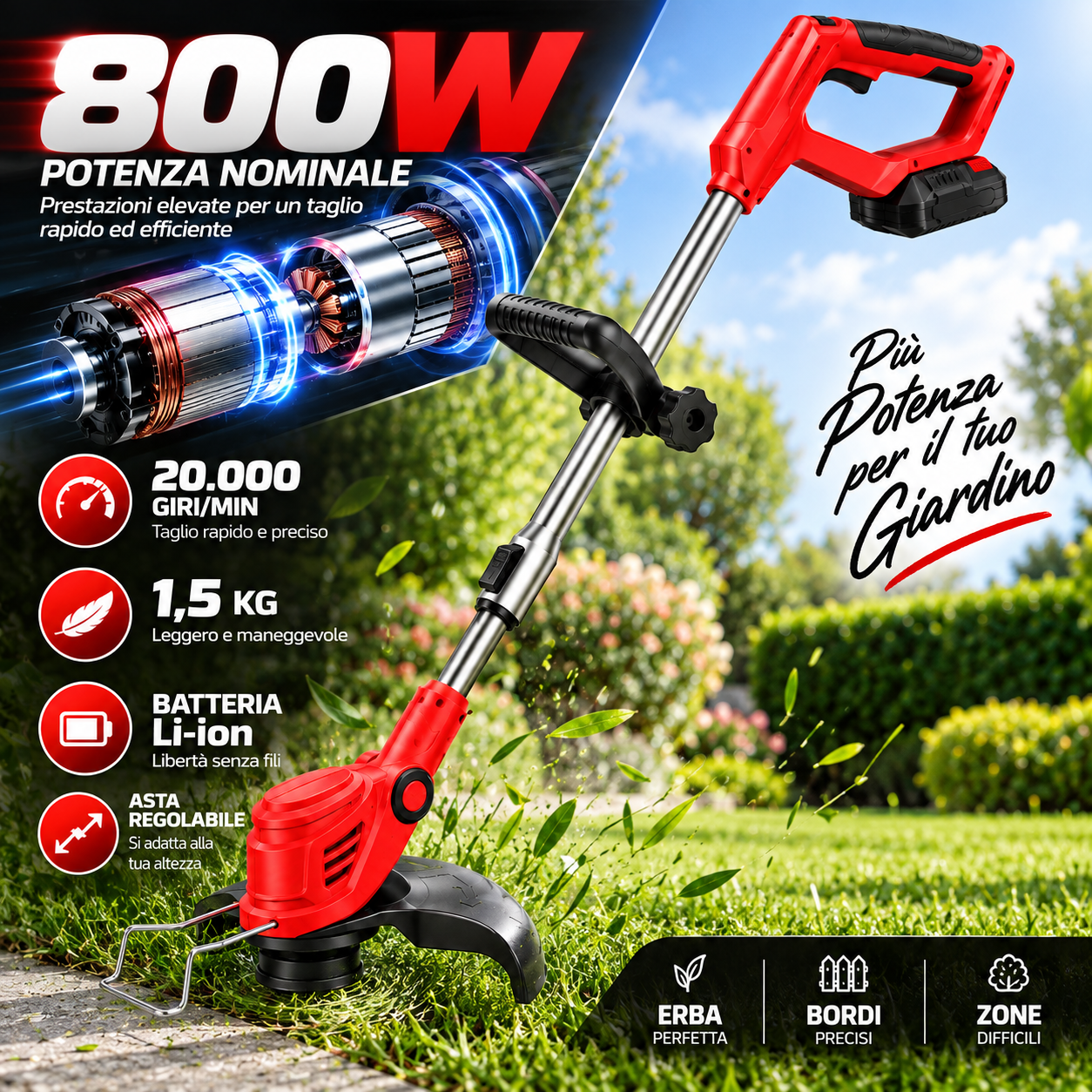  decespugliatore  800w tagliabordi senza fili asta regolabile per giardino - foto 3