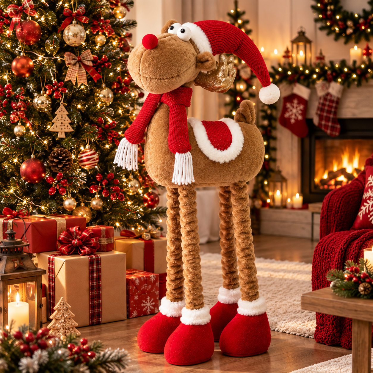  renna natalizia decorativa con gambe allungabili fino a 80cm pupazzo di natale in tessuto con cappello, sciarpa e scarpe - foto 2