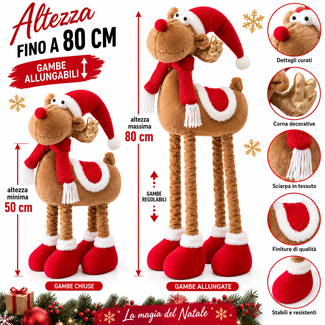  renna natalizia decorativa con gambe allungabili fino a 80cm pupazzo di natale in tessuto con cappello, sciarpa e scarpe - foto 3