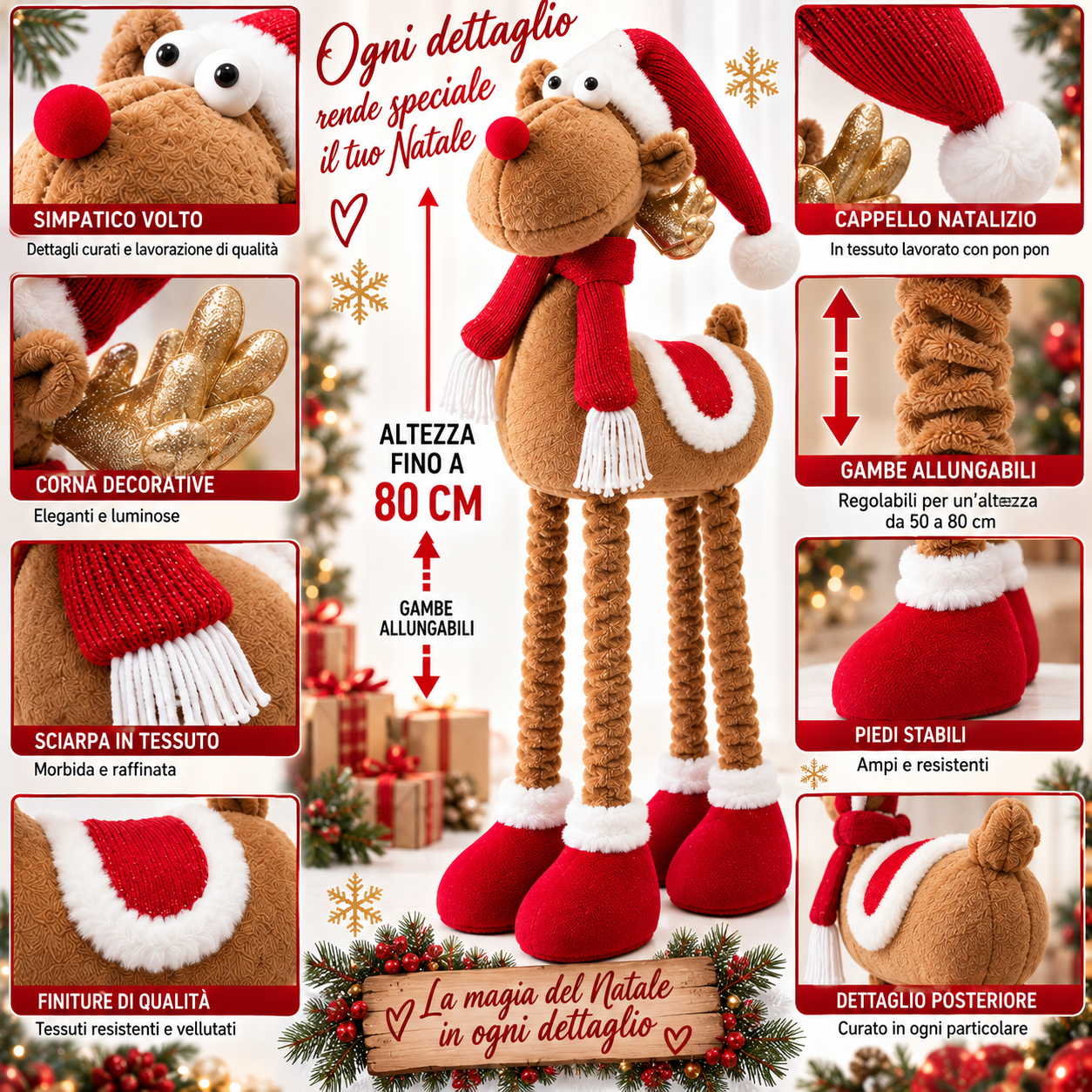  renna natalizia decorativa con gambe allungabili fino a 80cm pupazzo di natale in tessuto con cappello, sciarpa e scarpe - foto 5