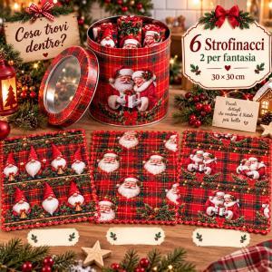 Set 6 strofinacci natalizi 30x30 cm con barattolo in latta decorato