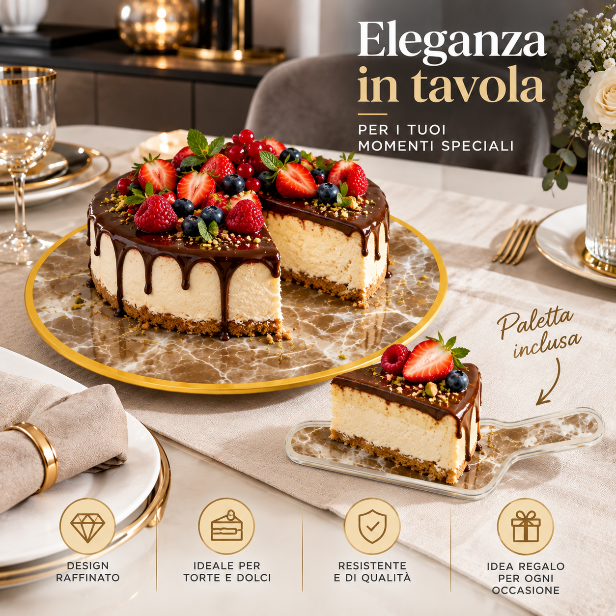  piatto torta rotondo effetto marmo con paletta coordinato - foto 5