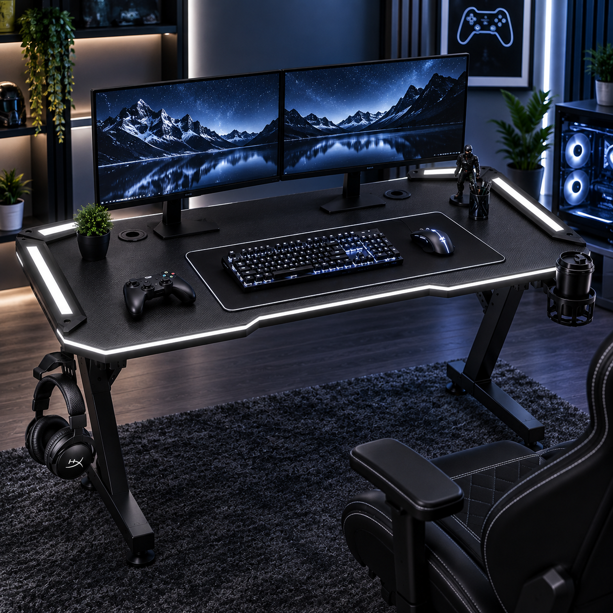  scrivania gaming rgb con luci led  piano effetto carbonio, portabicchiere e supporto cuffie - foto 5