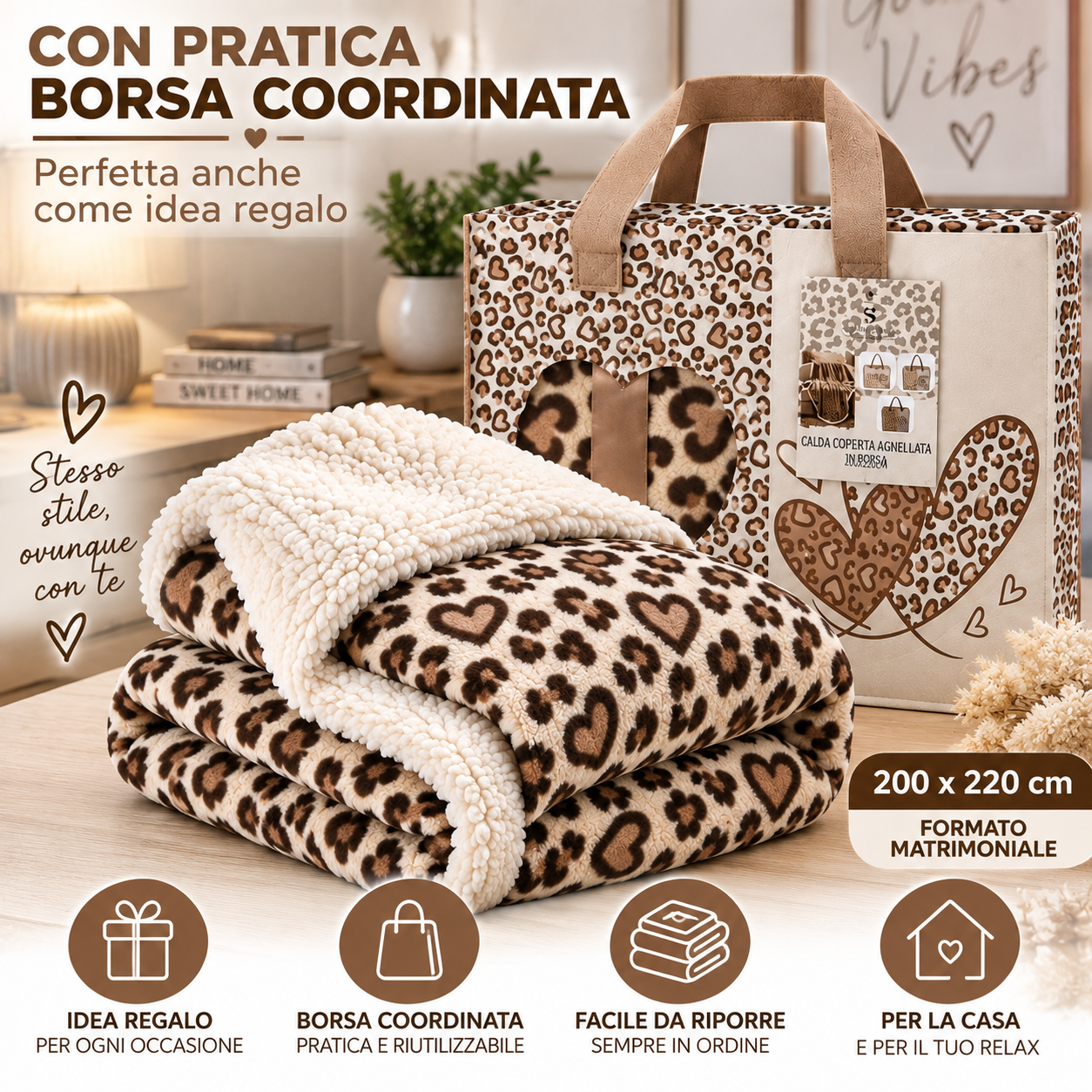  coperta agnellata matrimoniale 200x220 cm animalier con cuori – morbida e calda con borsa coordinata - foto 2