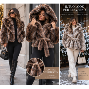 Cappotto donna effetto ecopelliccia collo ampio o cappuccio
