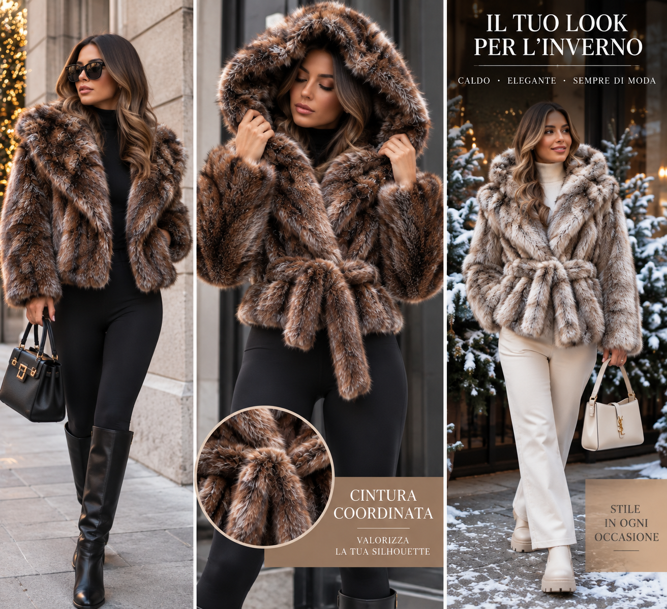  cappotto donna effetto ecopelliccia collo ampio o cappuccio - foto 2