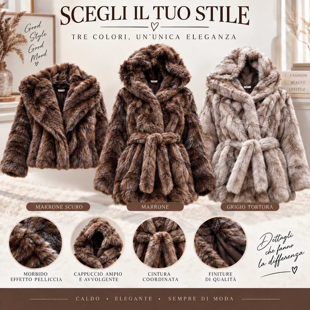  cappotto donna effetto ecopelliccia collo ampio o cappuccio - foto 4