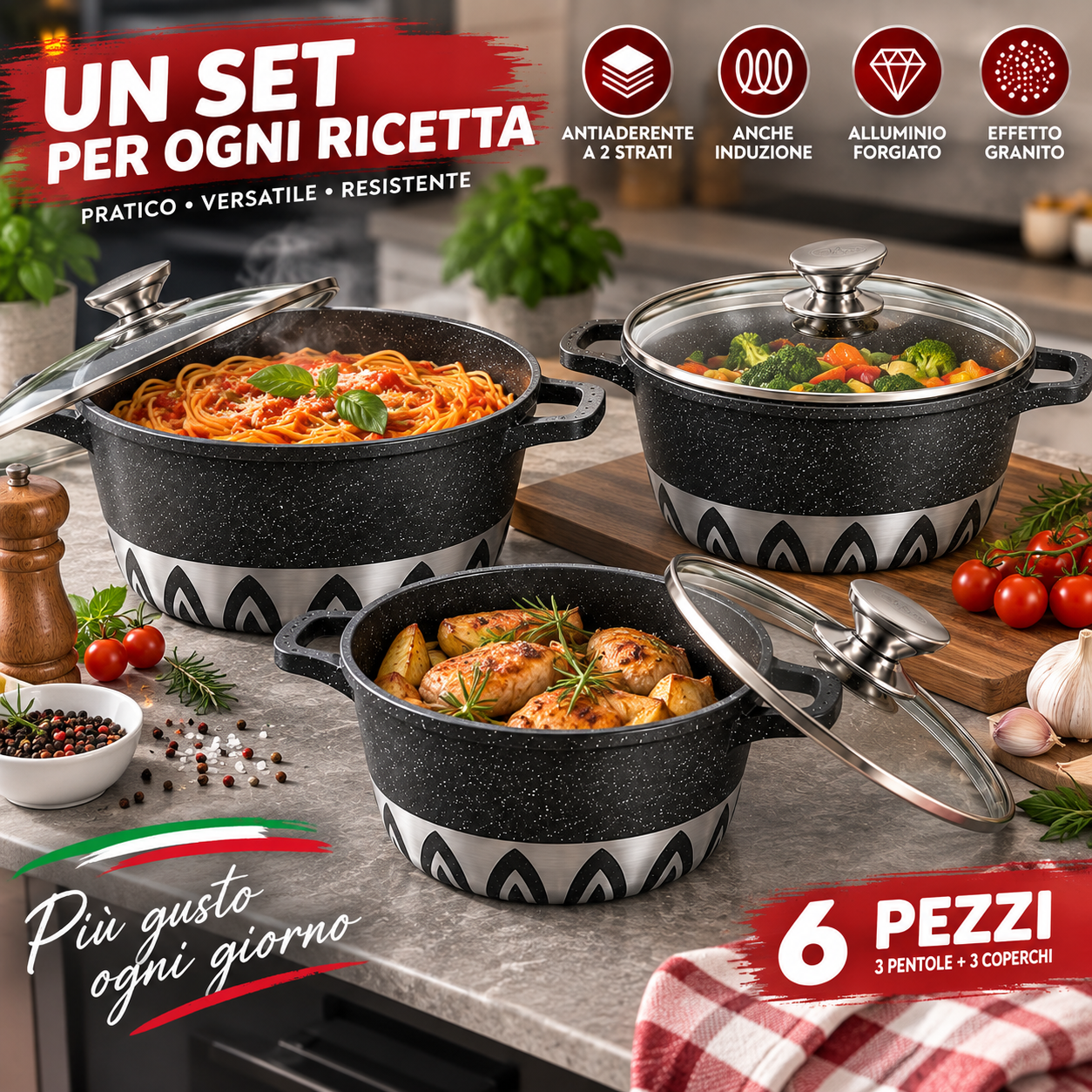  batteria pentole  6 pezzi  antiaderente effetto granito con coperchi in vetro - foto 5